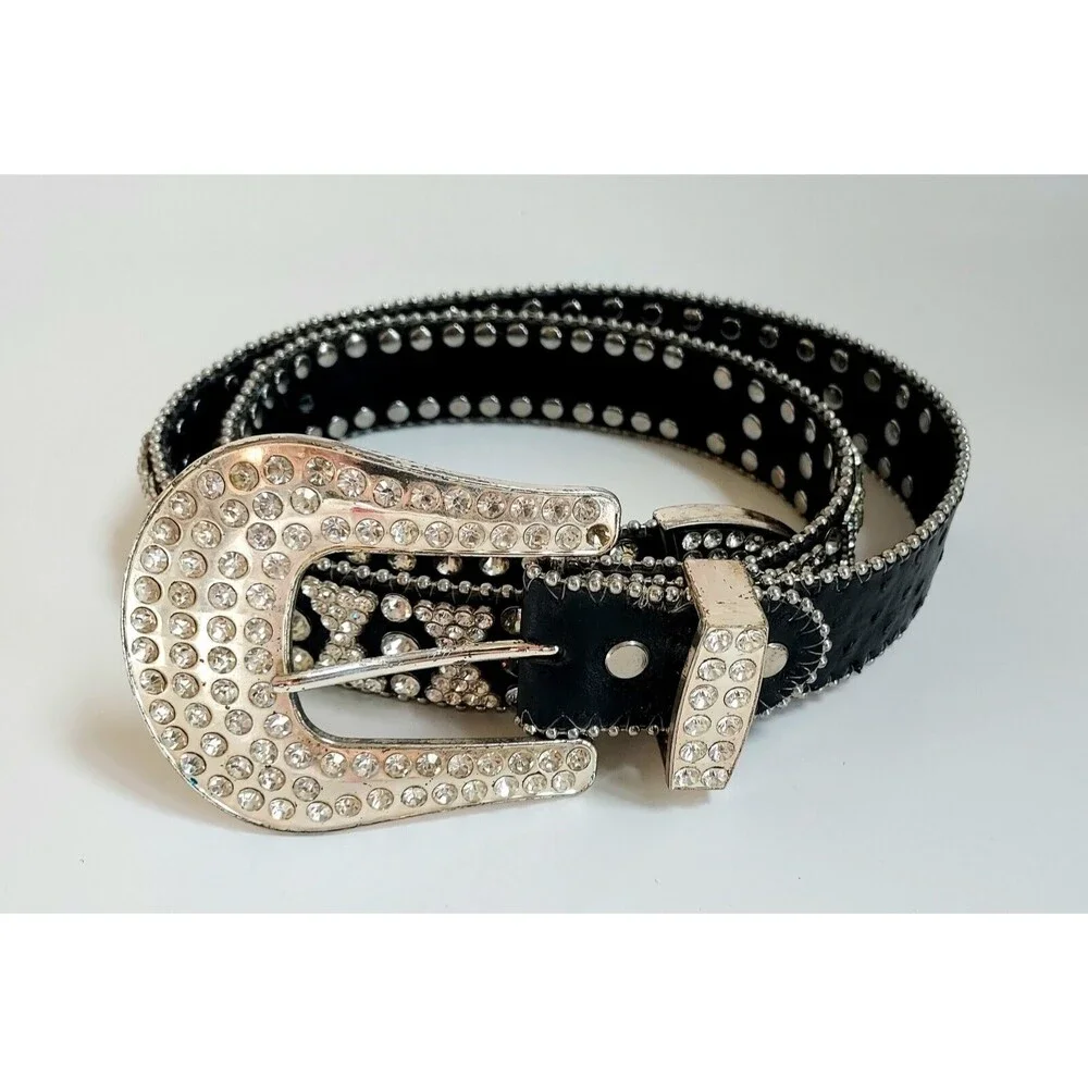 Ladies West Star Black Leather Western Rodeo Fancy Belt W/Rhinestones Size Lg